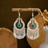 Peacock Tassel Earrings with Hollow Leaf Design in Retro Ethnic Style Imitation Silver for Women