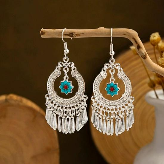 Peacock Tassel Earrings with Hollow Leaf Design in Retro Ethnic Style Imitation Silver for Women