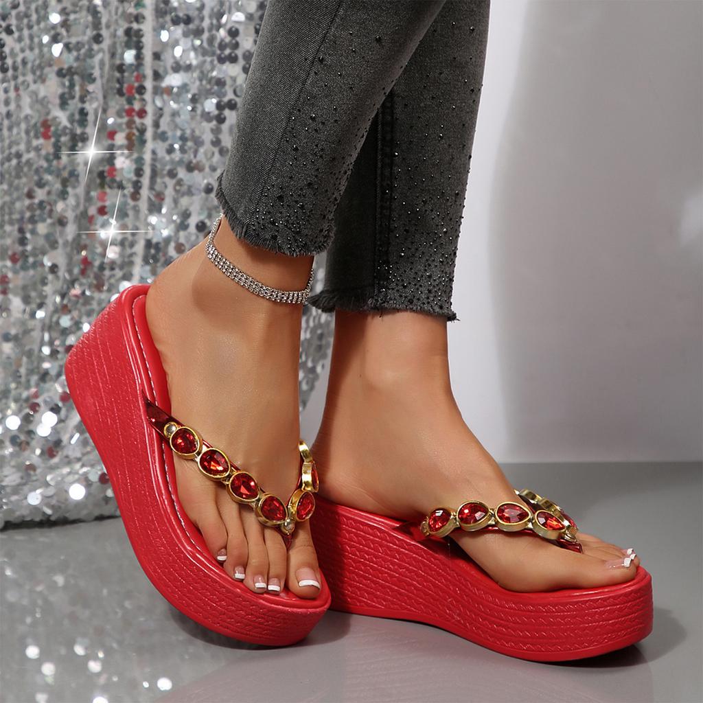 Women Bohemian Platform Wedge Sandals Rhinestone Thick Sole High Heel Slip On Summer Footwear Fashion Style