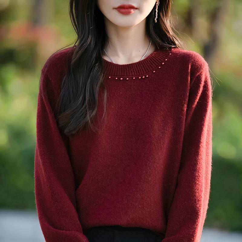Women's Bead-Embellished Round Neck Sweater, Loose Long Sleeve Knitwear, Fashionable Autumn and Winter Pullover.
