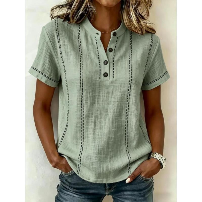 TIFICY Women's Fashion Casual Summer Spring Stripe Print Short Sleeve V-Neck Blouses & Shirts