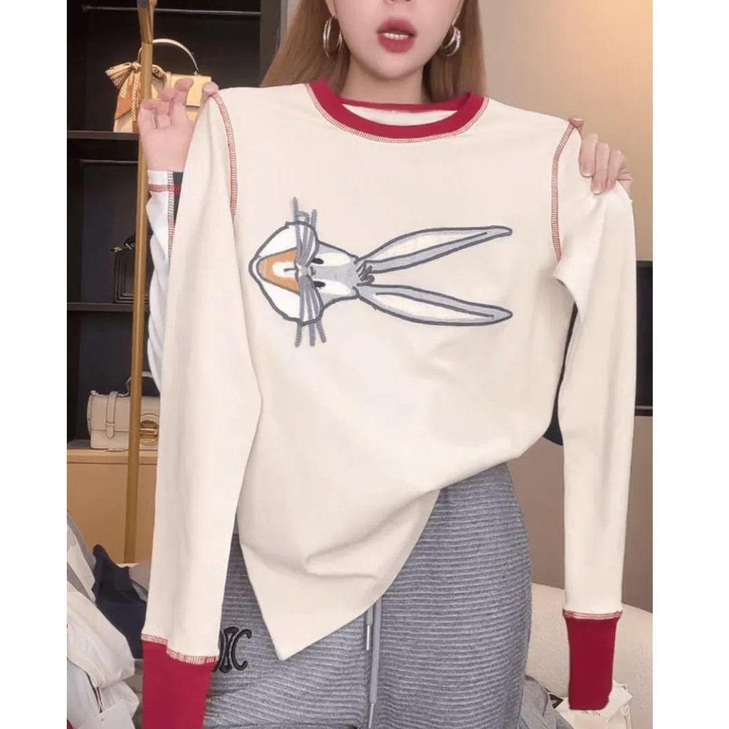 2025 Plus Size Rabbit Embroidery Long-Sleeve Slimming Fashion Top for Women