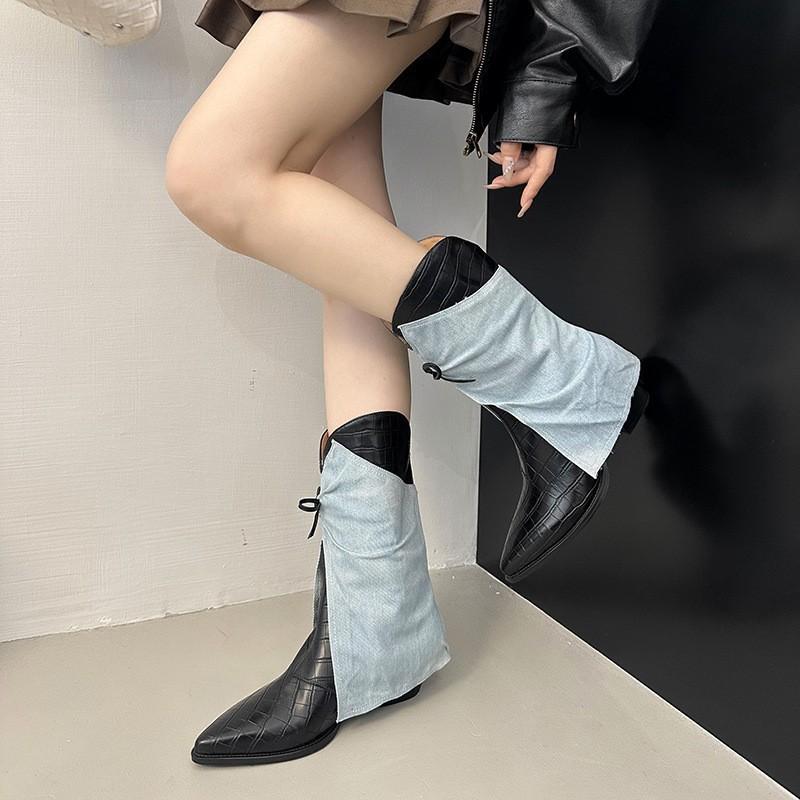 European and American soft leather niche design pants tube boots pointed flat bottom splicing thin V-mouth short boots women's spring Martin boots