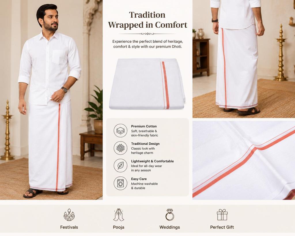 TreegoArt Fashion Cotton Dhoti's Full Length Mens Wear Single Piece Indian Traditional Puja Dhoti and Special Occasions - Pack Of 1