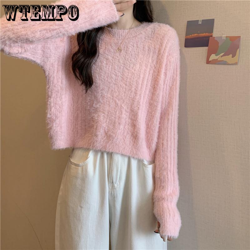 Y2K Cropped Sweater Pink Furry Solid Korean Fashion Pullover Knitted Sweaters Autumn Winter Long Sleeve Harajuku Jumper Sweater