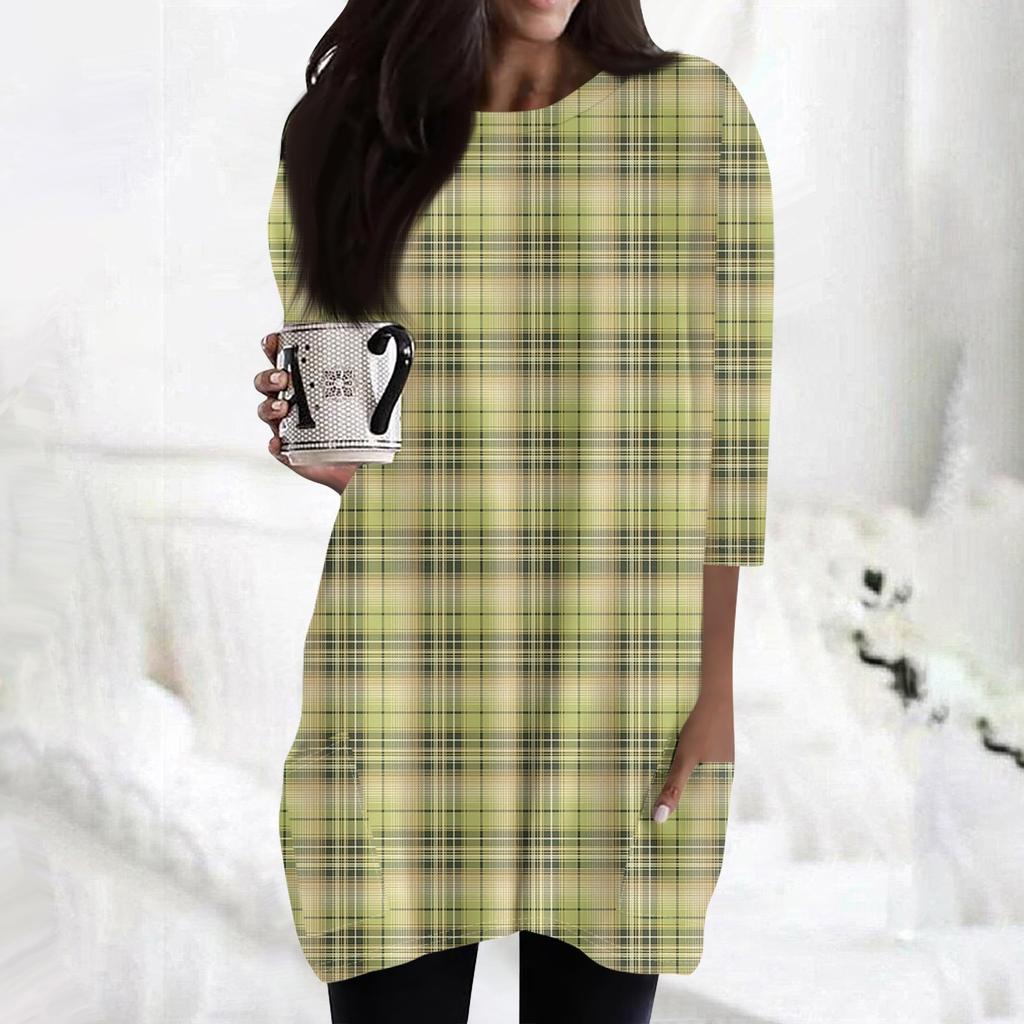 Damenmode Lässig 3/4 Ärmel Print Rundhals Doppelpattentasche T-Shirt Top