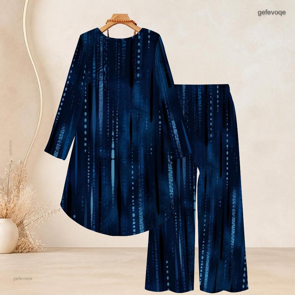 Women Plus Size Two Piece Set Round Neck Long Sleeve Printed High Low Top Wide Leg Pants