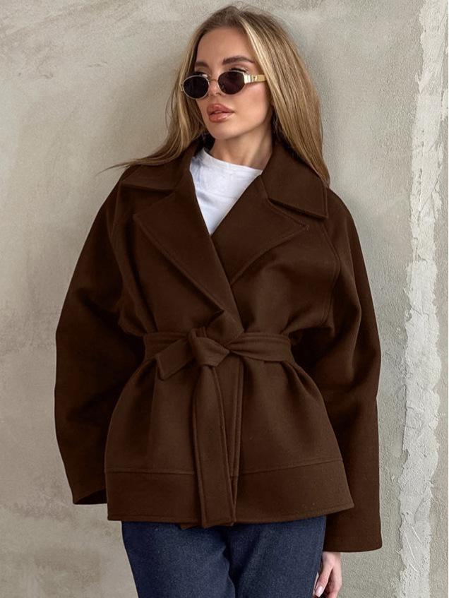 High-end Women's Autumn/Winter Woolen Coat with Versatile Waist Tie and Suit Collar