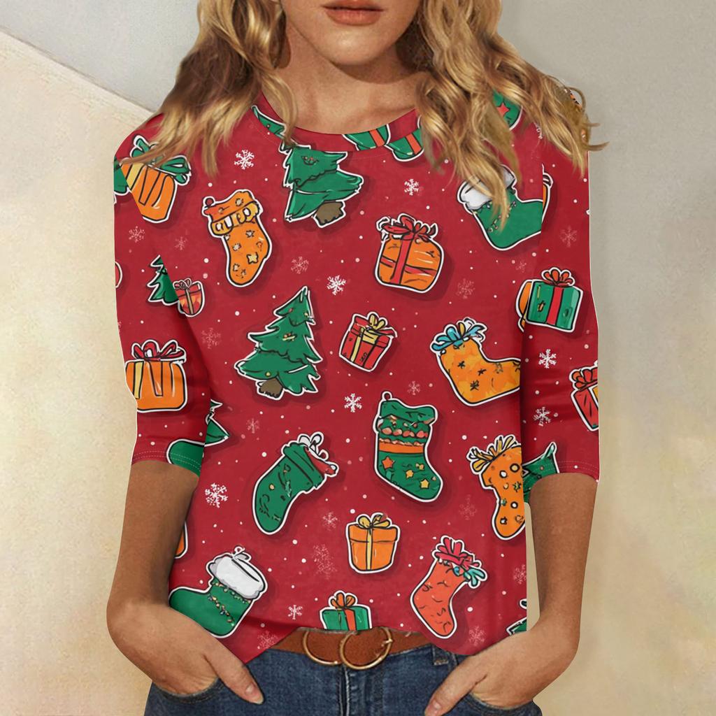Damen Casual Mode Weihnachts-Print Dreiviertelarm Oberteil