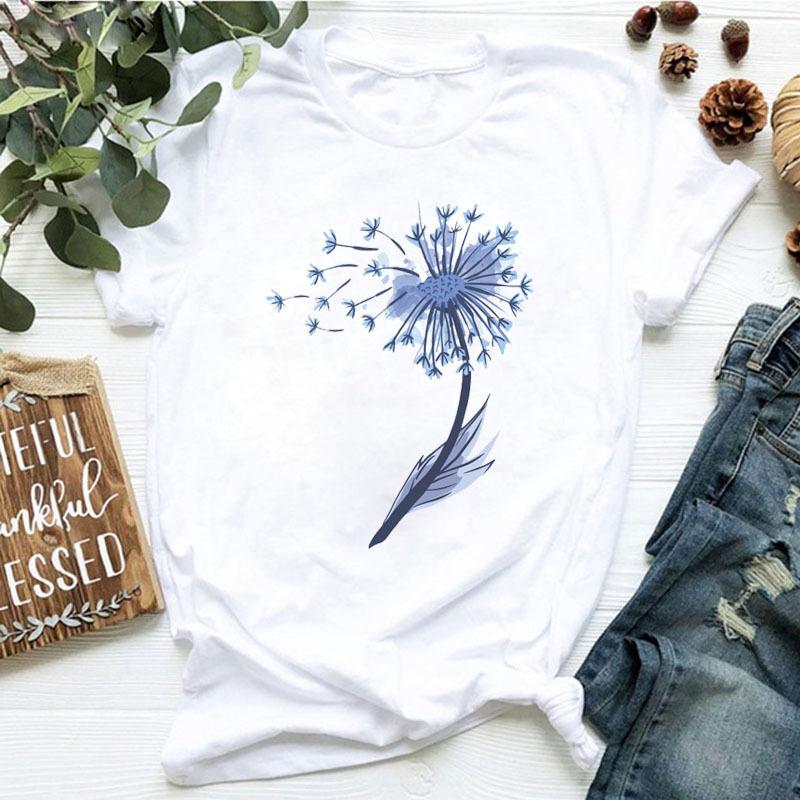 Women's dandelion floral print letter t-shirt - Trendy women's T-shirt with short sleeves Summer polyester fabric