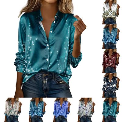 Damen-Hemdbluse, bedruckt, Knopfleiste, langärmelig, lässig, Basic, Hemdkragen, normales Oberteil