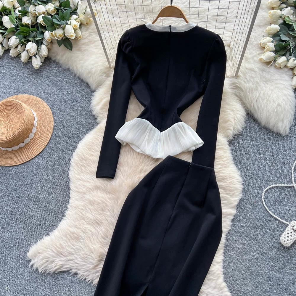 Autumn Winter Women Vintage Hepburn Style Black Business Outfits O-neck Blouses Tops and Long Midi Bodycon Pencil Skirt Office Work Two Piece Set