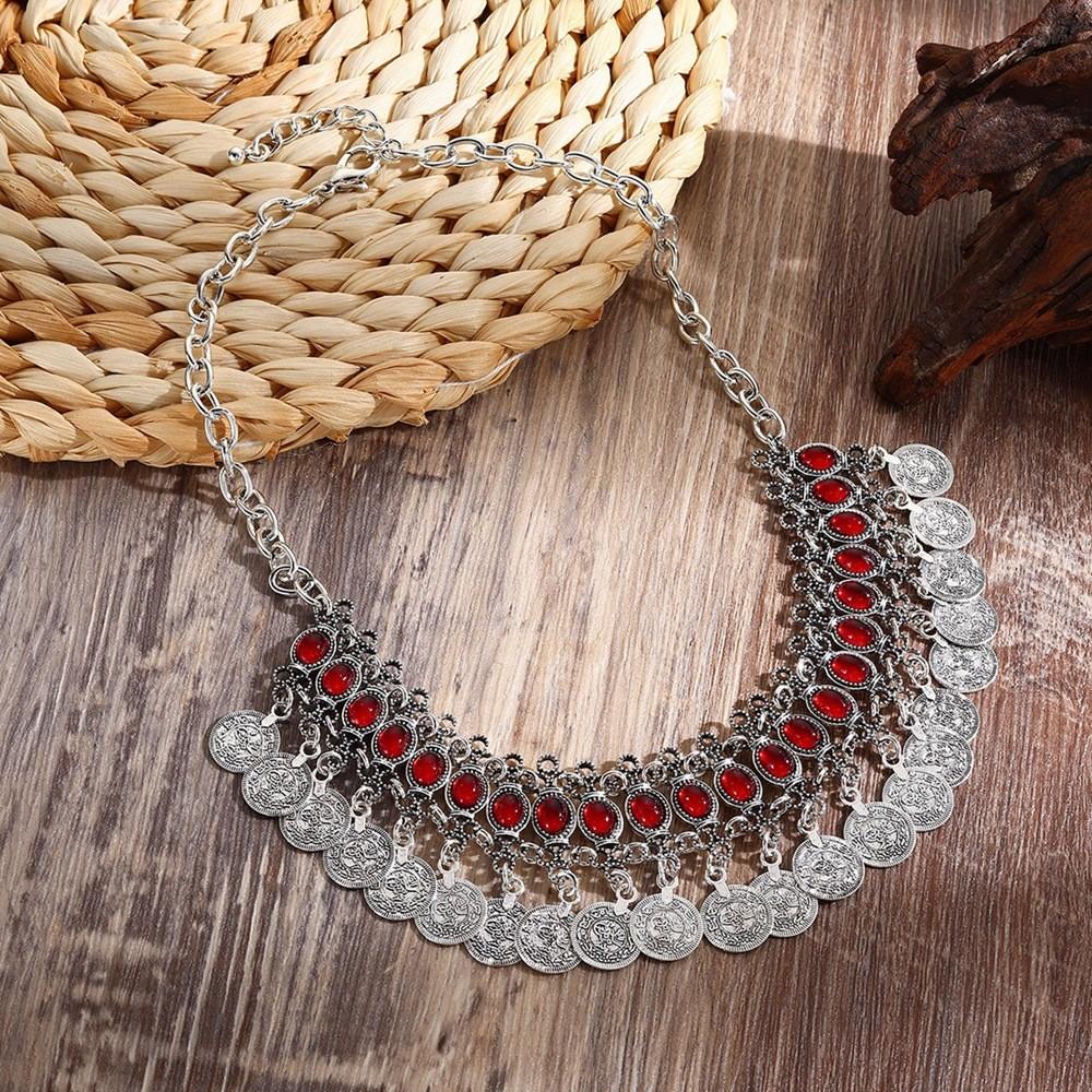 Ethnic Headband Vintage With Alloy Coins And Red Acrylic Gems For Women Gift