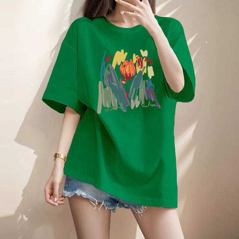Women Clothing Chic Hand-Painted Flower Printing T-shirt Summer Elegant Fashion Pure Cotton Basic Top Tee Lady Loose Pullovers