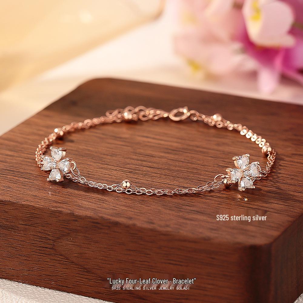 

S925 Sterling Silver Double-Layer Four-Leaf Clover Bracelet - Exquisite & Versatile, Light Luxury Hand Jewelry 925 Silver рожевий колір золота