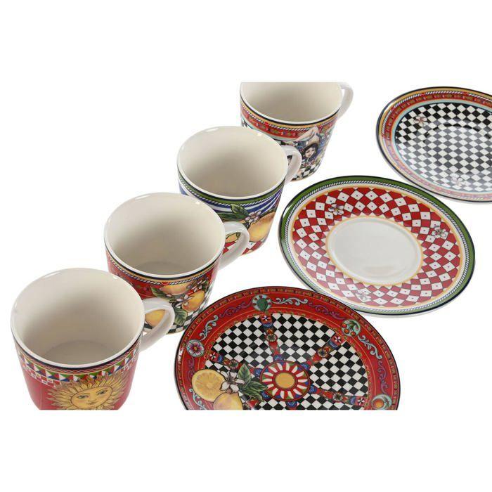 Lot de tasses avec assiettes en porcelaine - Home ESPRIT - 4 pièces - 220 ml - 15,6 x 15,6 x 1,7 cm - Multicolore