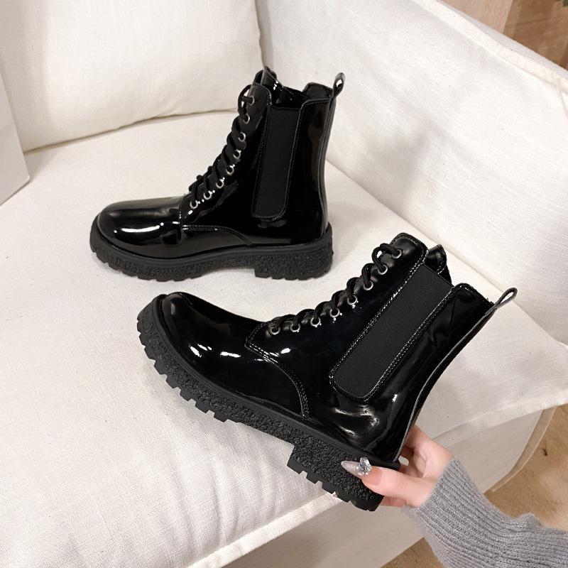 Women's Boots Medium Heel Round Head Cut West Boots 2025 Autumn New Korean Version Patent Leather Women's Shoes Comfortable Martin Boots