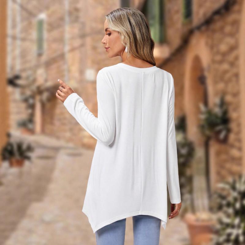 2025 Neu Einfarbig Langarm Unregelmäßig Mode Rundhals Top Damen Einfaches Vielseitiges T-Shirt