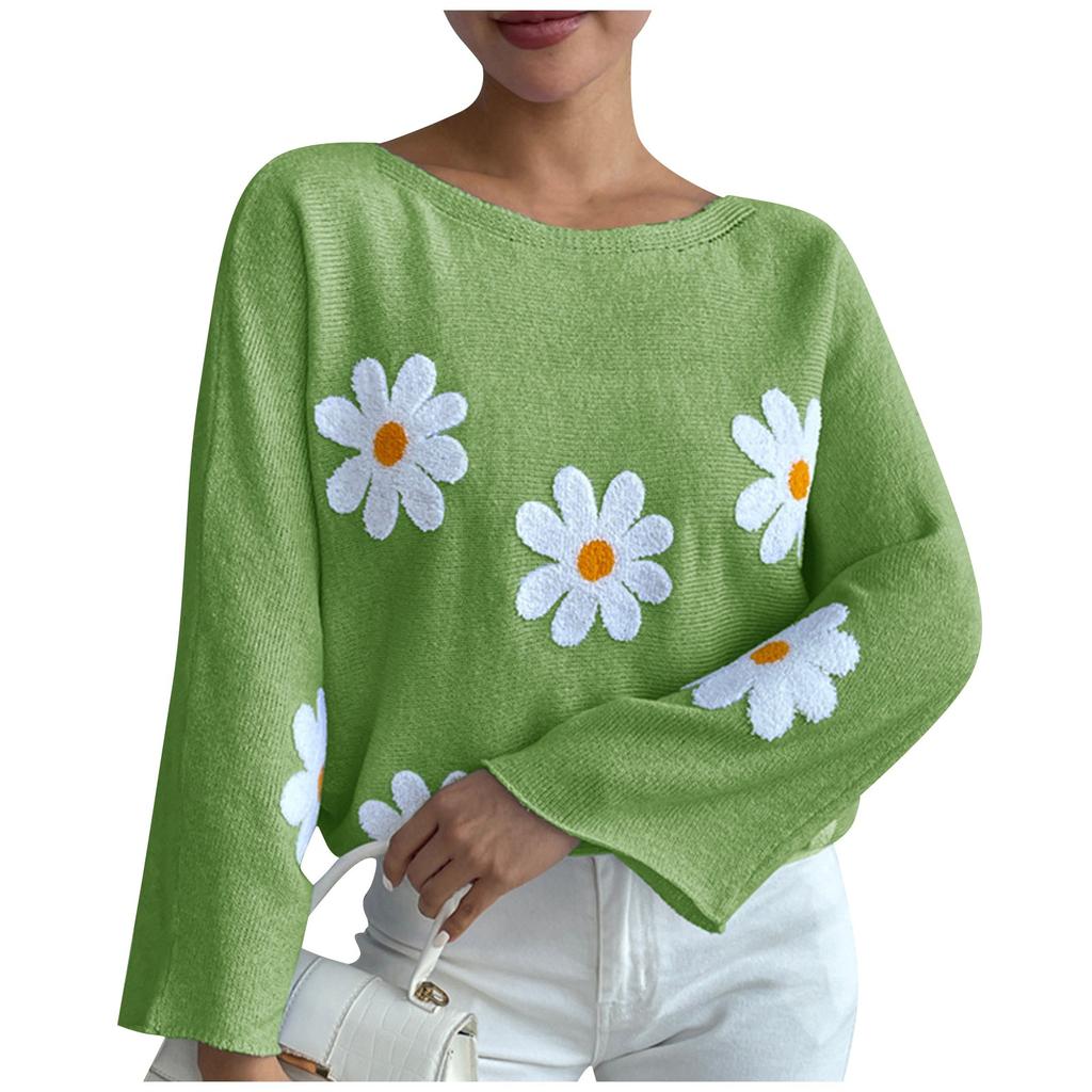 Women's Fashion Casual Flower Print Loose  Sleeve Knitwear Top Sweater