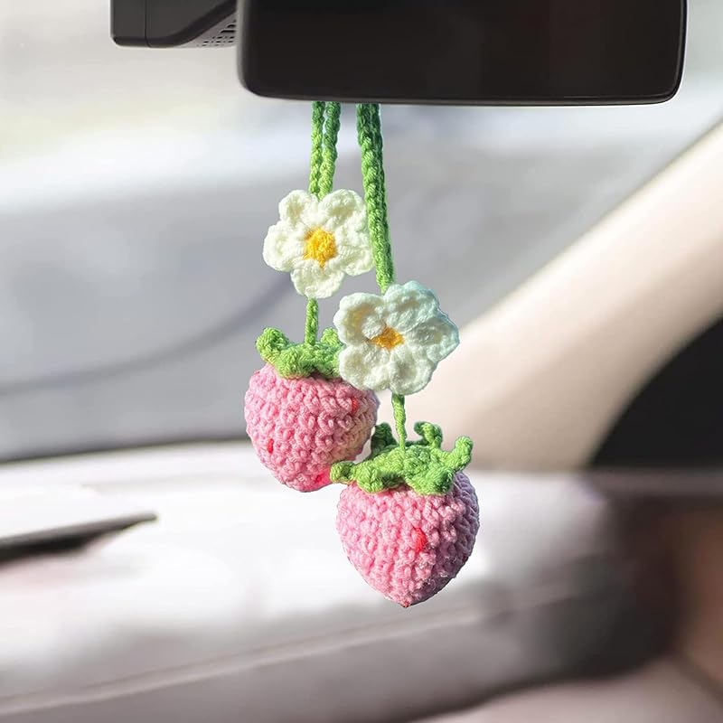 Cute Crochet Plant for Rear View Mirror, Boho Handmade Car Mirror Hanging Accessory for Women & Girls, Green Interior Aesthetic Decor Truck Hanger