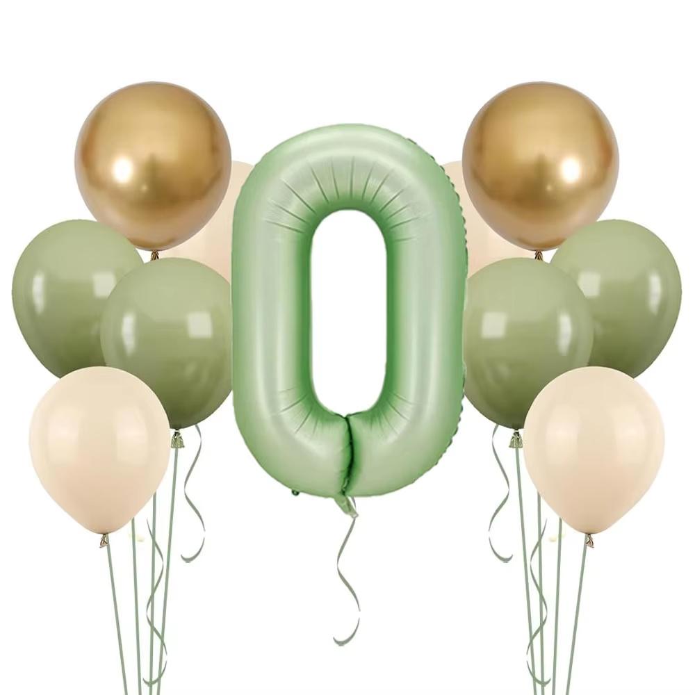 11pcs 32 Inch Sage Green Number Balloons Set Sand White Avocado Green Gold Latex Balloons for Boy Girl 1st Birthday Decorations
