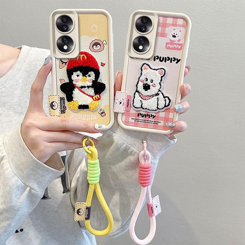 KEYSION Cartoon Cute Plush Embroidery Case for HONOR 70 5G with Lanyard Silicone Shockproof Phone Cover for Huawei Honor 70