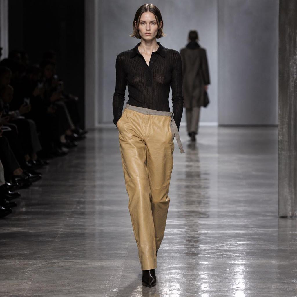 Used 00s PRADA archive Miuccia Period Made in Italy Nappa Leather Leather Pants 46 Camel Genuine Leather Ribbon Belt