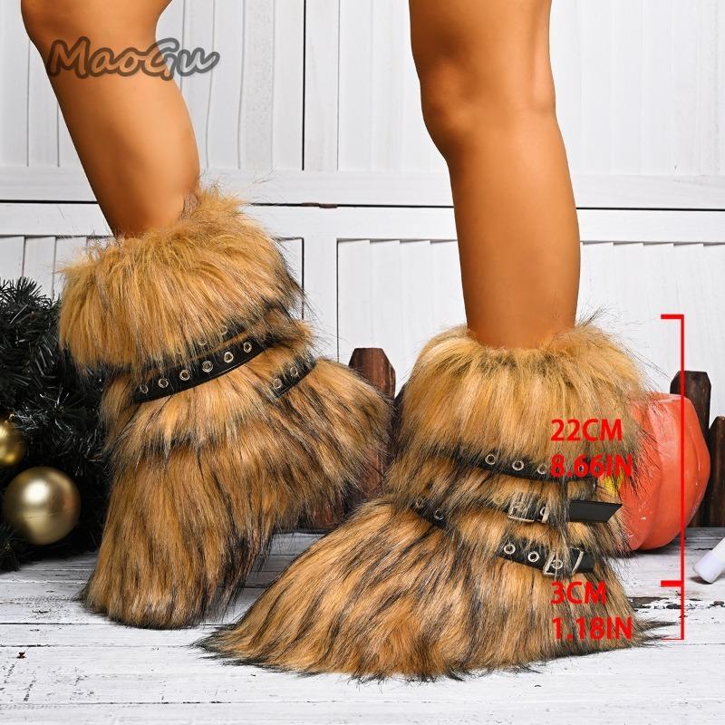 Fashion Faux Fur Boots Women Winter Snow Boots Luxury Fluffy Fuzzy Short Botas Warm Cozy Mid-Calf Botas Mujer Cross Belt Buckle PlusSize