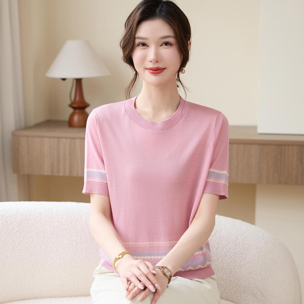 Mom's Summer Ice Silk Knit Round Neck Short Sleeve Top for Mature Women