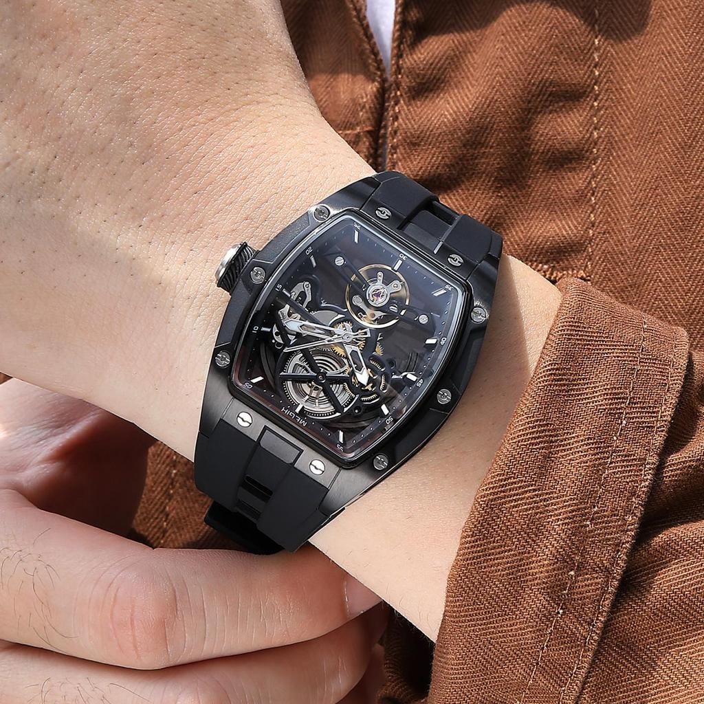 Megir Luksusmerke Sportsklokke for menn Silikonreim Mekaniske klokker Hul Fullautomatisk urverk Selvlysende Armbåndsur Klokke 2242