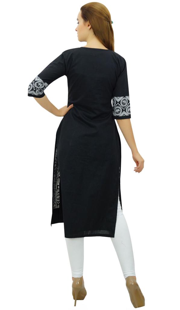 Phagun Women's Designer Straight Black Kurta 3 4 Sleeve Printed Casual