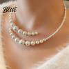 White Faux Pearl Necklace Choker Women Open Cuff Chunky Round