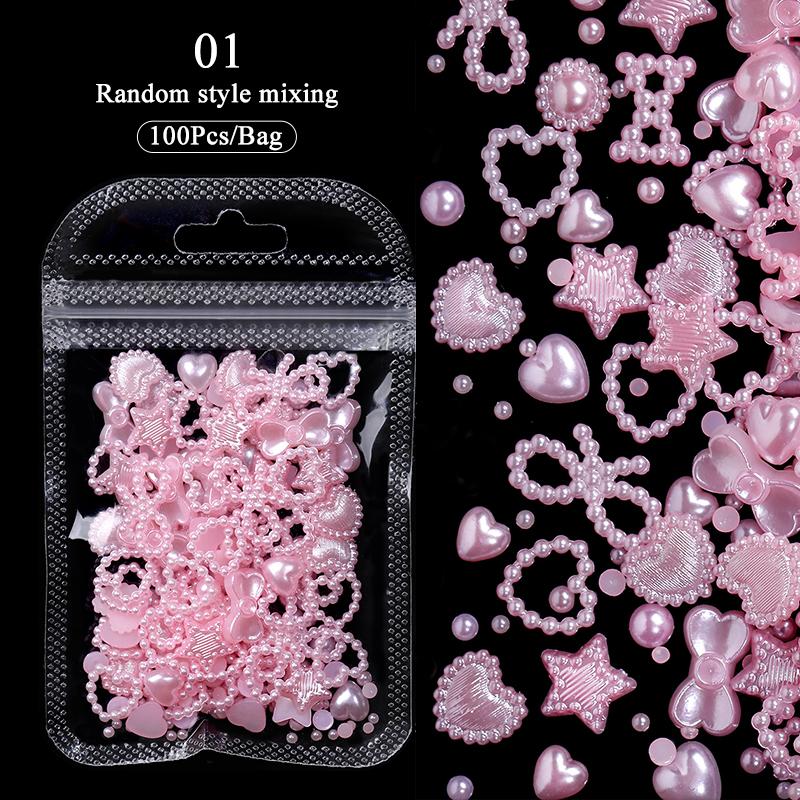 100Pcs Aurorals Nail Art Decoration Shell Pearl 3D Nail Charms Mixed Style Colorful Resin Butterfly Bowknot Manicure Nail Supply