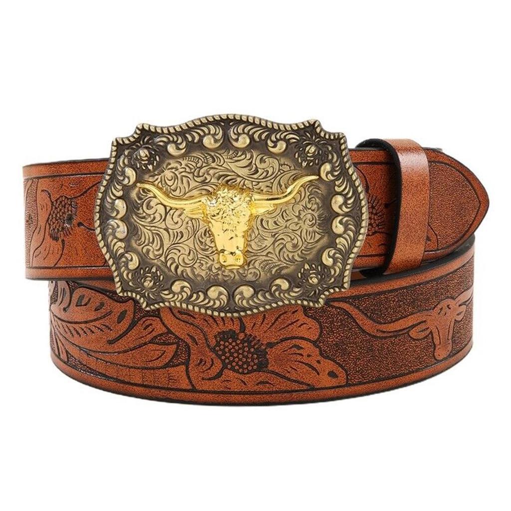 Men's Bull Head Western Leather Belt with Large Buckle
