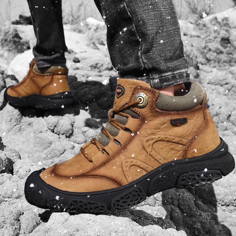 Fashion Outdoor Men's Boots Brown Leather Casual Shoes Waterproof Hiking Shoes Warm Winter Boots for Men High Top Platform Snow Boots