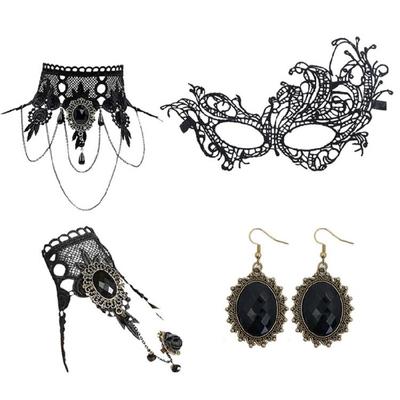 Lace Choker Necklace Earrings Bracelet Mask Set Halloween Costume Accessories Gothic Vampires Jewelry Set for Wedding