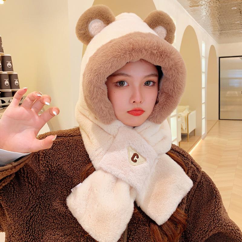 Autumn and winter new cute bear hat scarf integrated female cycling cold and warm windproof ear mask scarf
