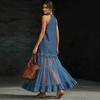 Women Halter Neck Denim Mesh Patchwork Maxi Dress Button Front Ruffle Hem Summer Dress