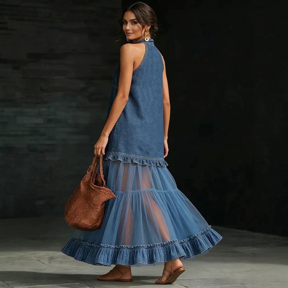 Women Halter Neck Denim Mesh Patchwork Maxi Dress Button Front Ruffle Hem Summer Dress