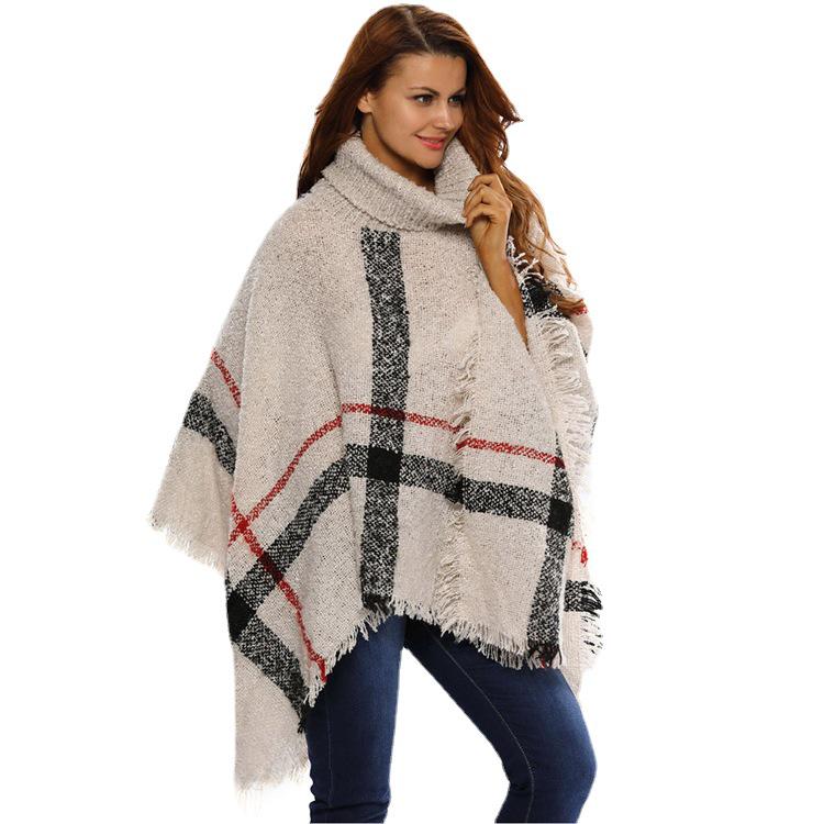 European & American Style Autumn/Winter Plaid Faux Cashmere High Collar Pullover Shawl 2025