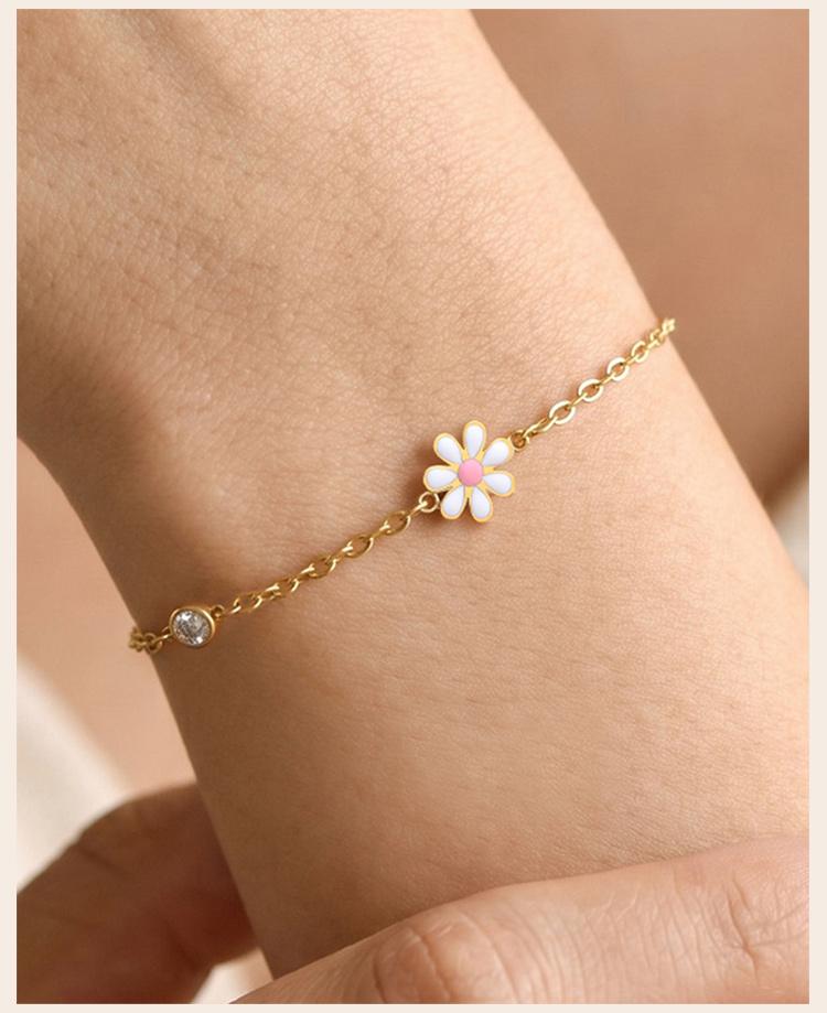 Minimalist Enamel Daisy Flower Bracelet, 18K Gold Plated Stainless Steel, Waterproof Dainty CZ Charm Jewelry Gift