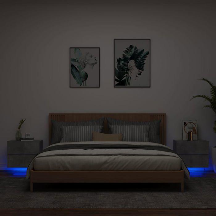 VidaXL Tables de Chevet Murales avec Lumières LED 2 pcs, Armoires de Nuit, Tables de Nuit Chambre, Moderne, Gris Béton Bois 836819