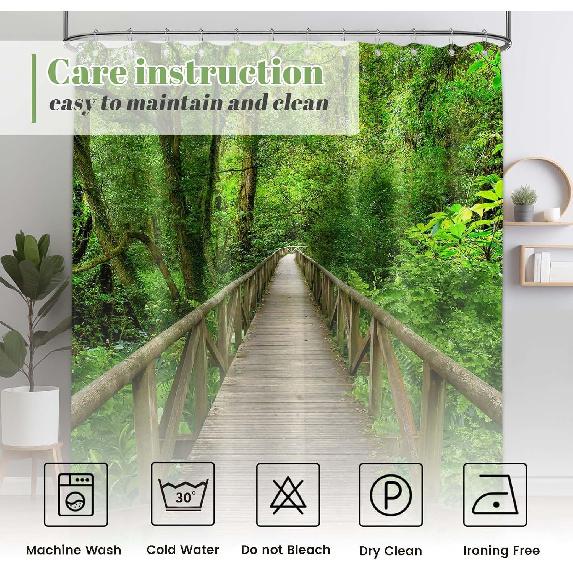 Nature Forest Wooden Bridge Shower Curtain 3D Rain Forest Scenic Landscape Shower Curta for Bathroom Decor, Waterproof Cloth Fabric with Hooks 70 X