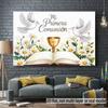 2D "Mi Primera Comunión" Tapestry White Doves, Bible and Golden Chalice Wall Deco