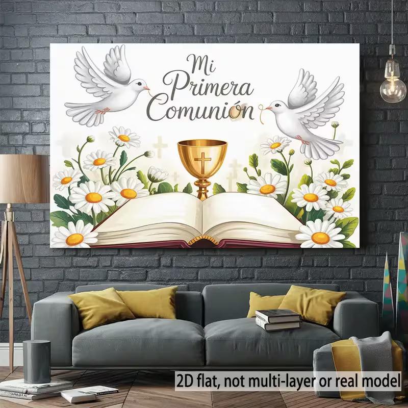 

2D Mi Primera Comunión Tapestry White Doves, Bible and Golden Chalice Wall Deco 47.2x31.5inch/120*80cm