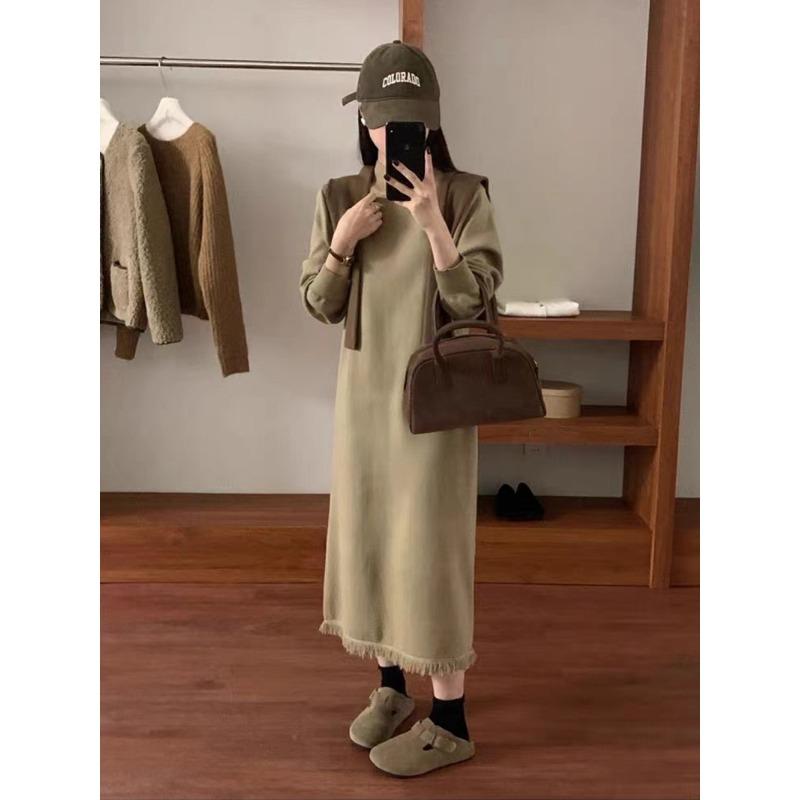Autumn and winter new fashion knitted inner dress women's fringed semi-turtleneck sweater bottoming long dress tide