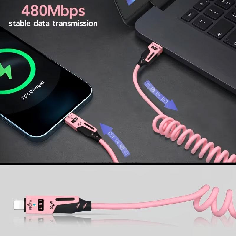 65W+PD27W 4 In 1 6A Charging Data Cable, Multifunctional Spring Retractable Fast Charging Cable for Samsung Huawei Xiaomi Iphone