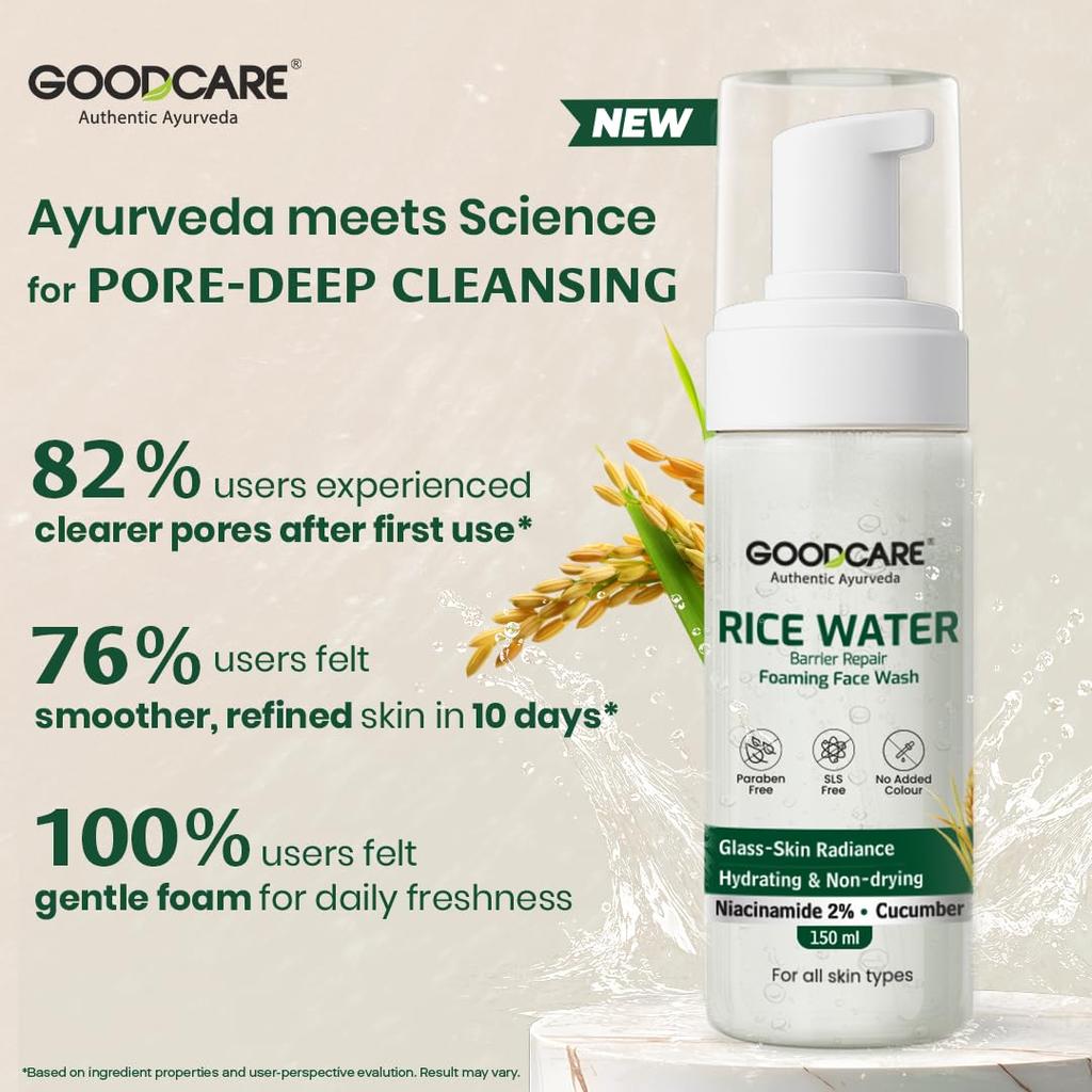 Goodcare Rice Water Foaming Face Wash | Barrier Repair Cleanser with 2% Niacinamide & Cucumber | SLS-Free, Hydrating, Gentle Cleanser for All Skin