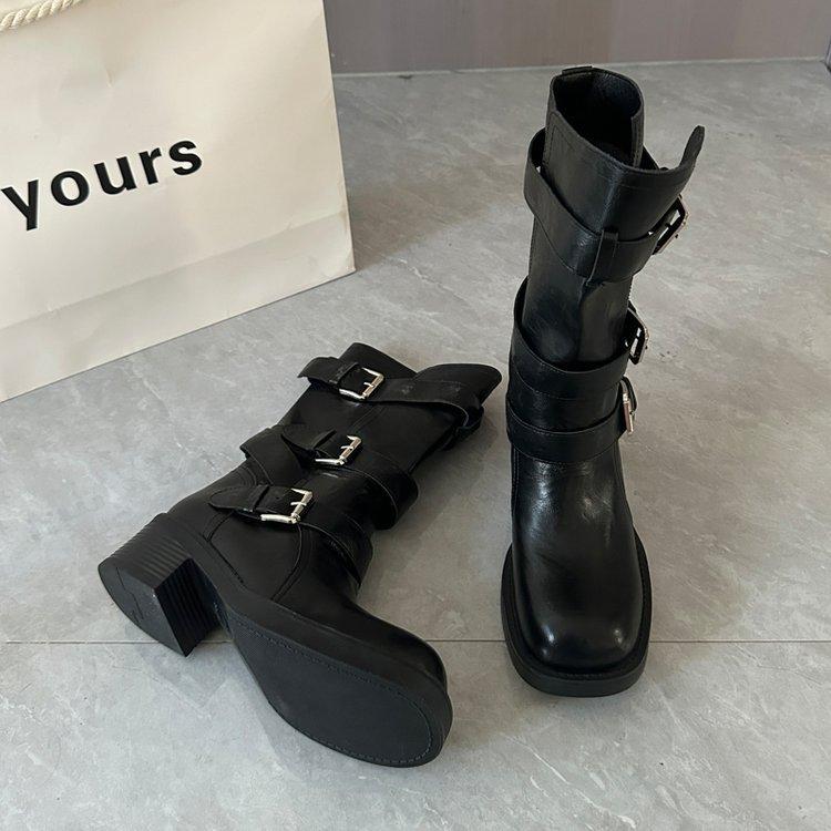 4/6Cm heightening thick-soled trouser boots women's autumn knight boots children's long boots thick heel buckle belt medium tube stacking boots