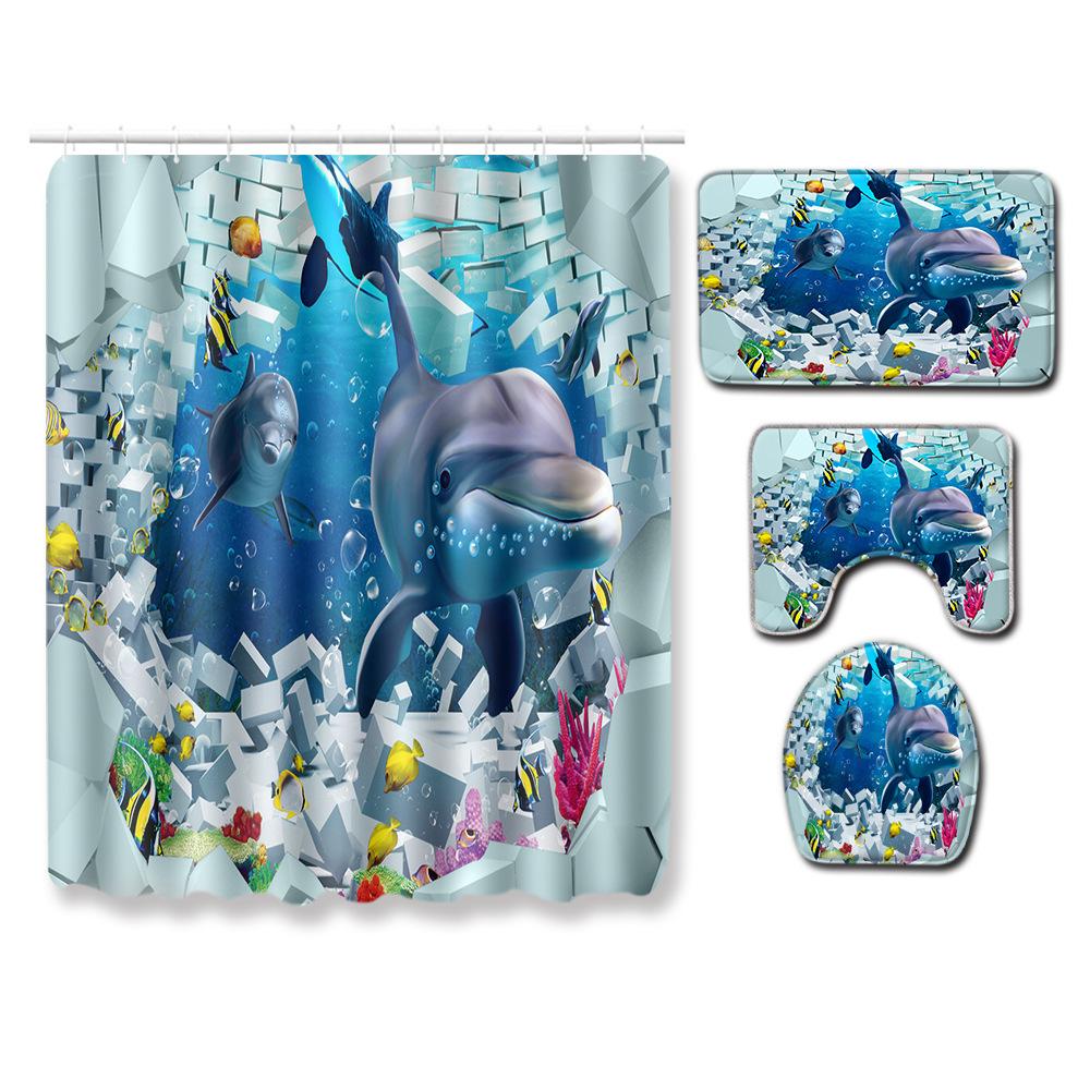 Fashion Sea World Dolphin Shower Curtain Set Bathroom Non-Slip Bath Mat Toilet Lid Cover Polyester Waterproof
